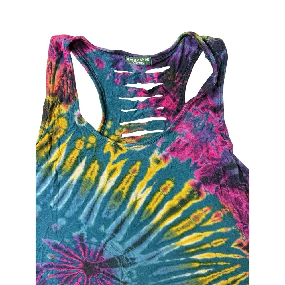Kathmandu Imports Tie Dye Sharkbite‎ Tank Top Shredded Back Boho Festival Preppy
